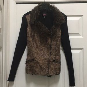 2b bebe faux leather faux fur asymmetrical zip up sweater